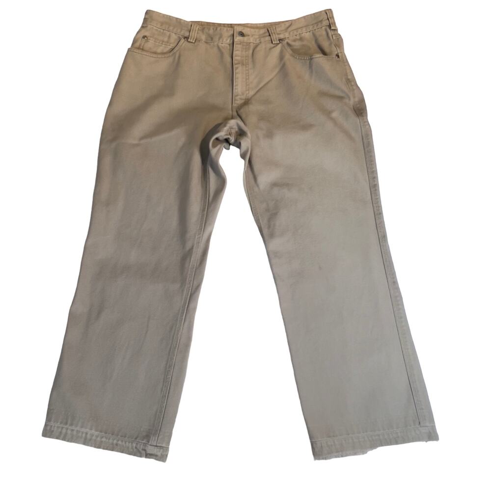 Duluth Trading Co Firehouse Canvas Jeans Mens 40W 30L Desert Khaki Gusset Crotch